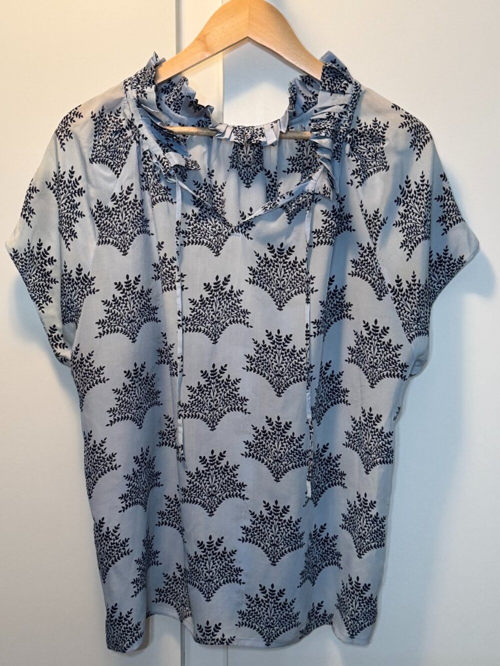 Rungolee Alice Silk Blouse Blue Floral Reversible Ruffle Neck M